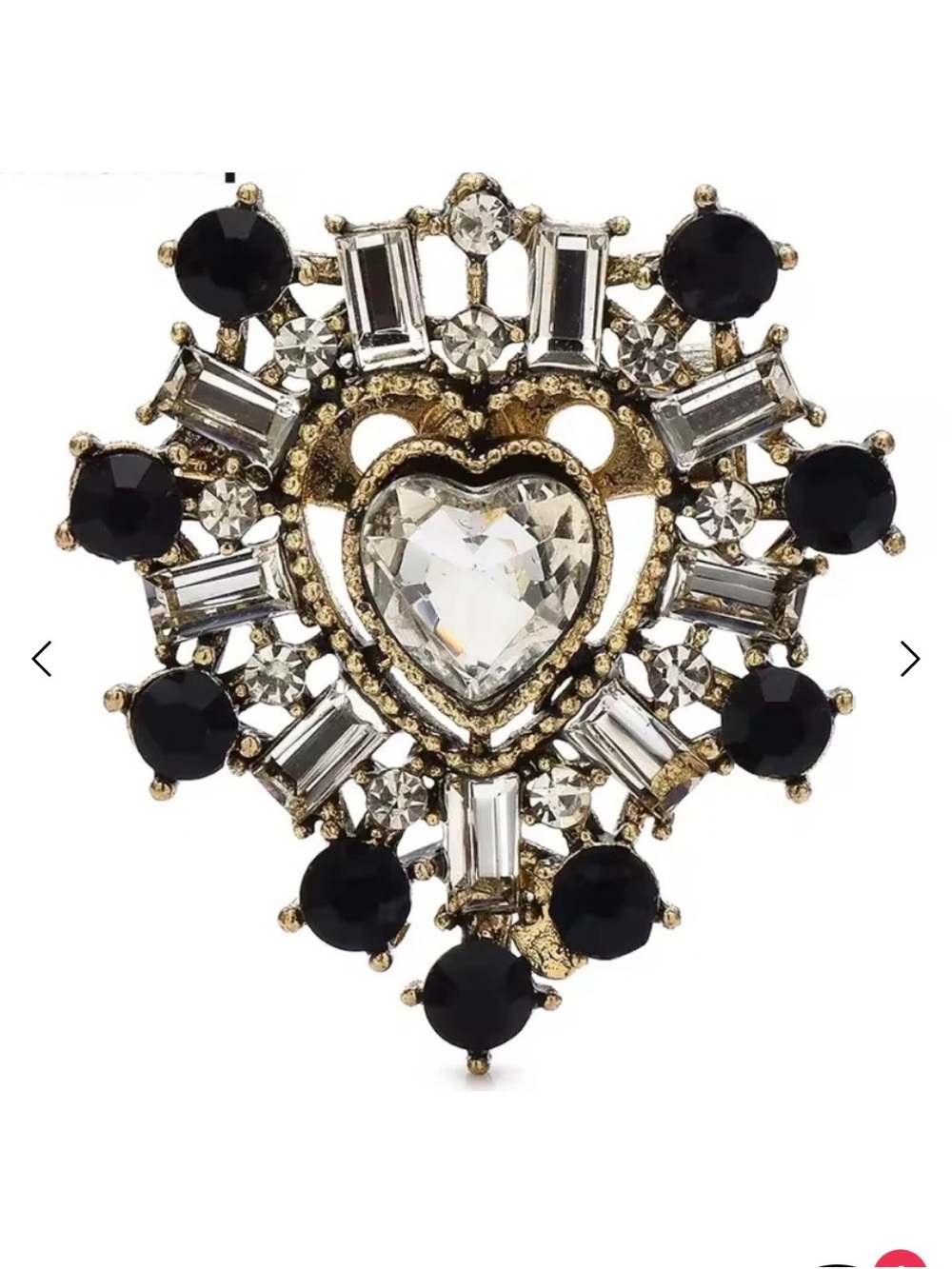 Gold Heart Crystal Brooch with Black and Clear Stones